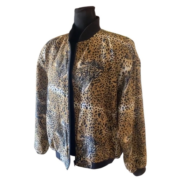 Vintage Marguerite Li 100% Silk Leopard Print Women's Bomber Jacket Size Large - Picture 3 of 12